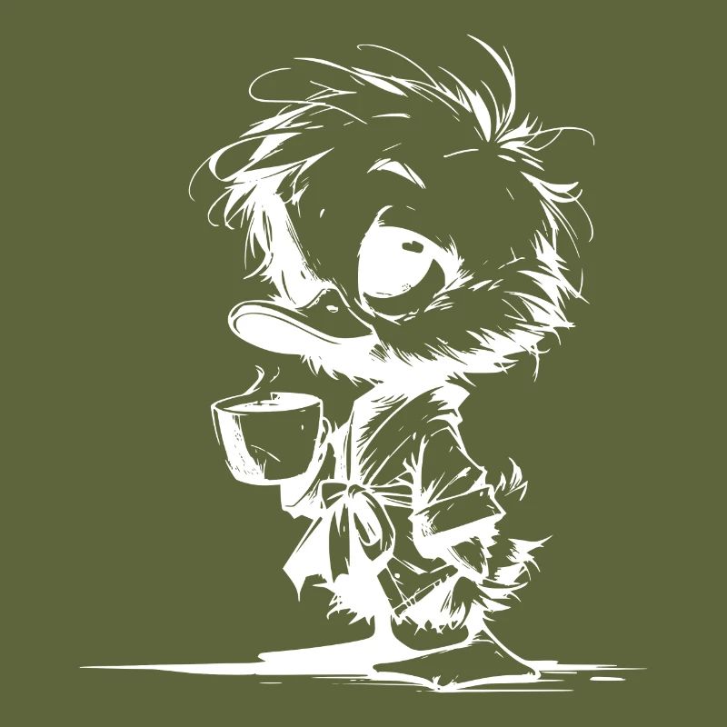 Cute tired duck in bathrobe with coffee mug