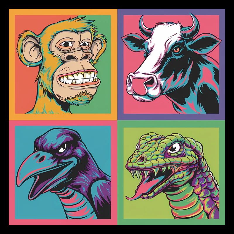 Pop Art Singe Vache Corbeau Serpent Coloré
