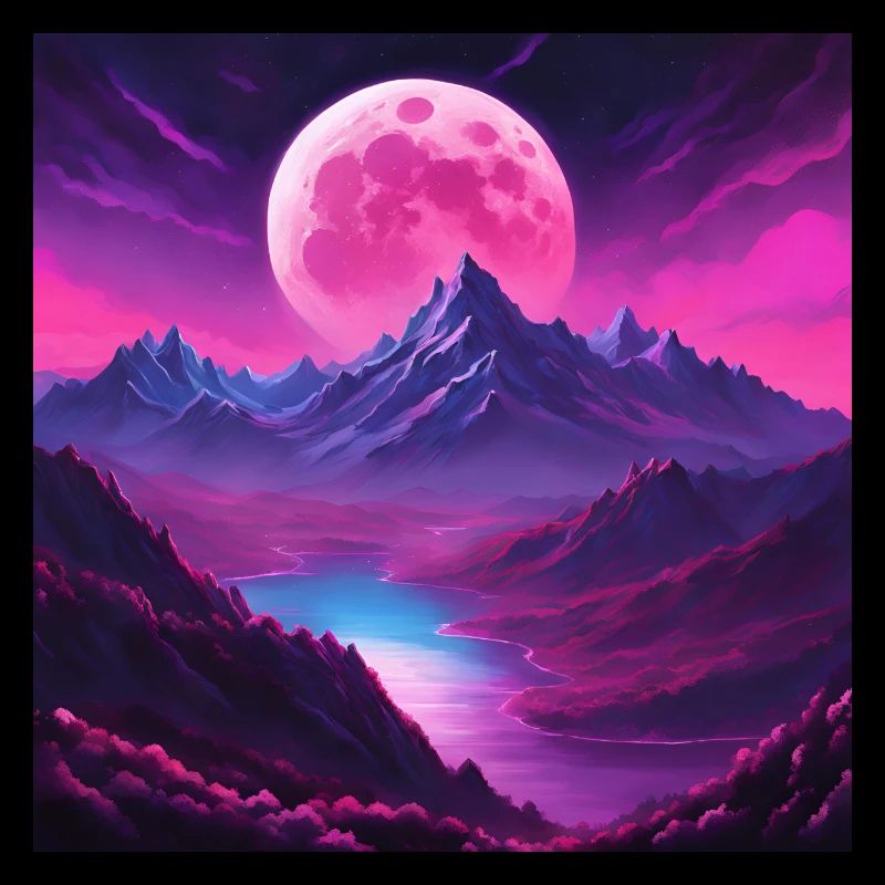 Pink Moonlit Magical Mountain Landscape