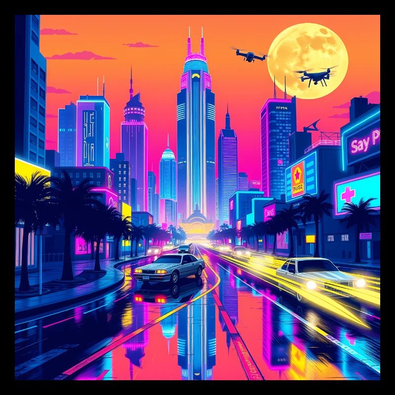 Retro Wave Stadtbild: Eine nostalgische Reise durch