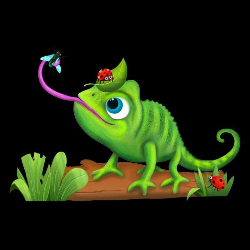 Funny chameleon plays with insects