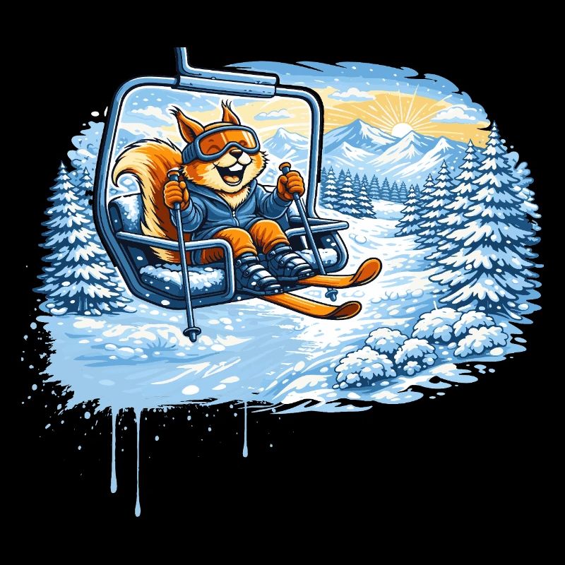 Lustiges Eichhörnchen im Skilift –Winterspaß Motiv