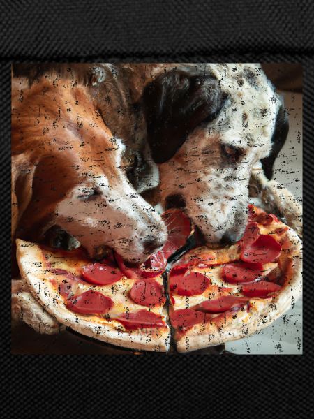 two dogs eating salami pizza