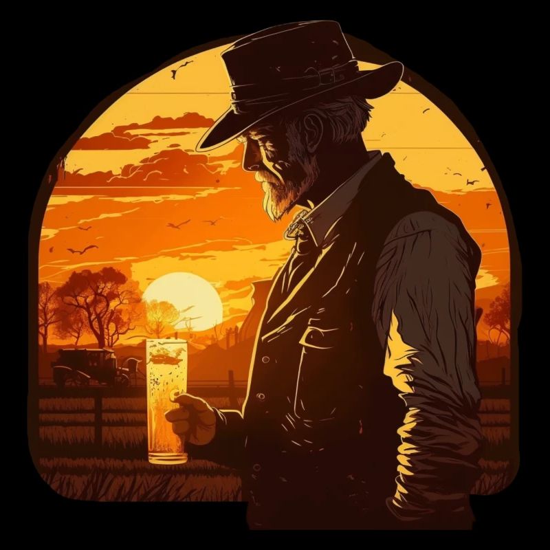 Farmer with beer at sunset