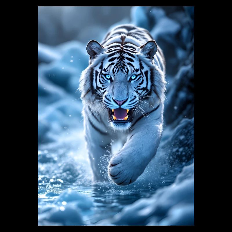 White tiger runs through stream