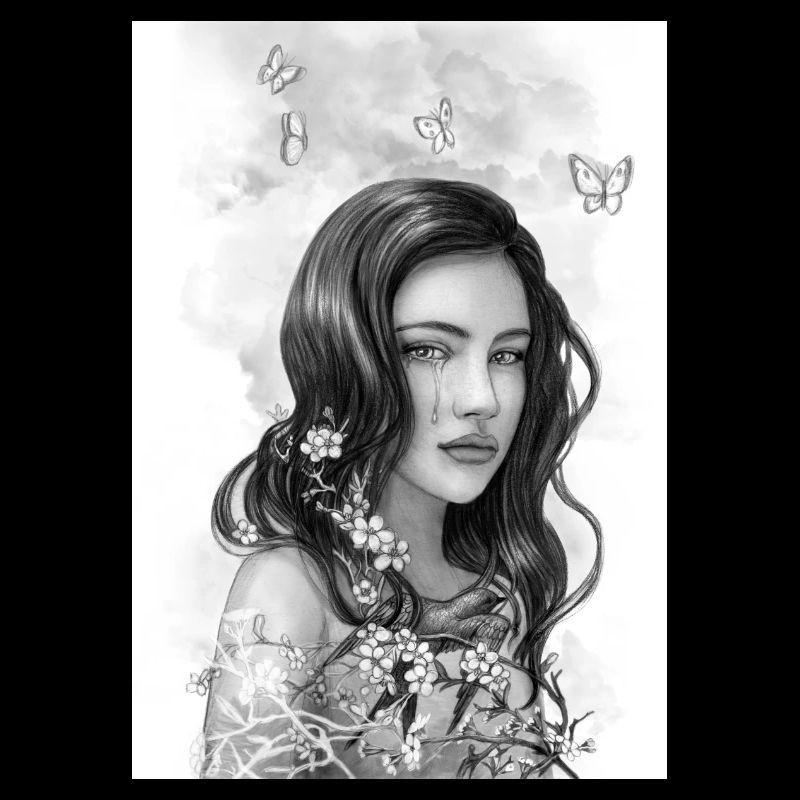Woman with flowers crying