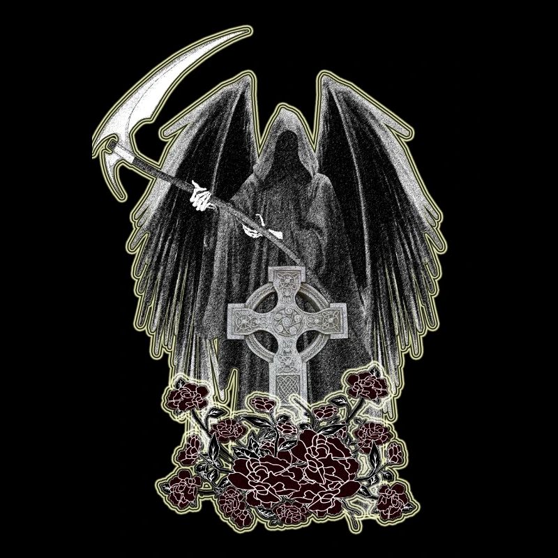 Grim Reaper,keltisches Kreuz und Rosen mit Schein