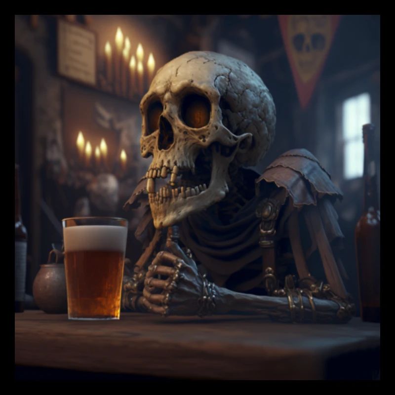 Skeleton drinks beer