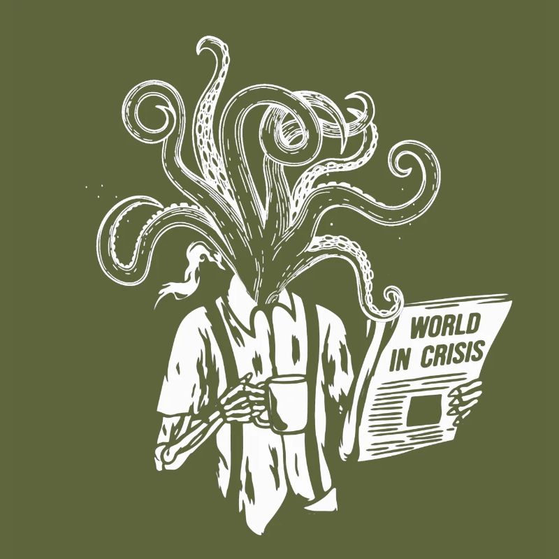 Coffee-drinking skeleton with tentacles, newspaper