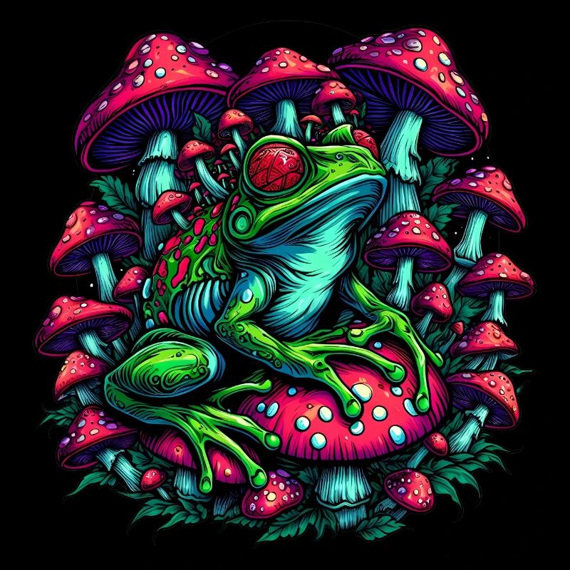 Psychedelic frog with mushrooms