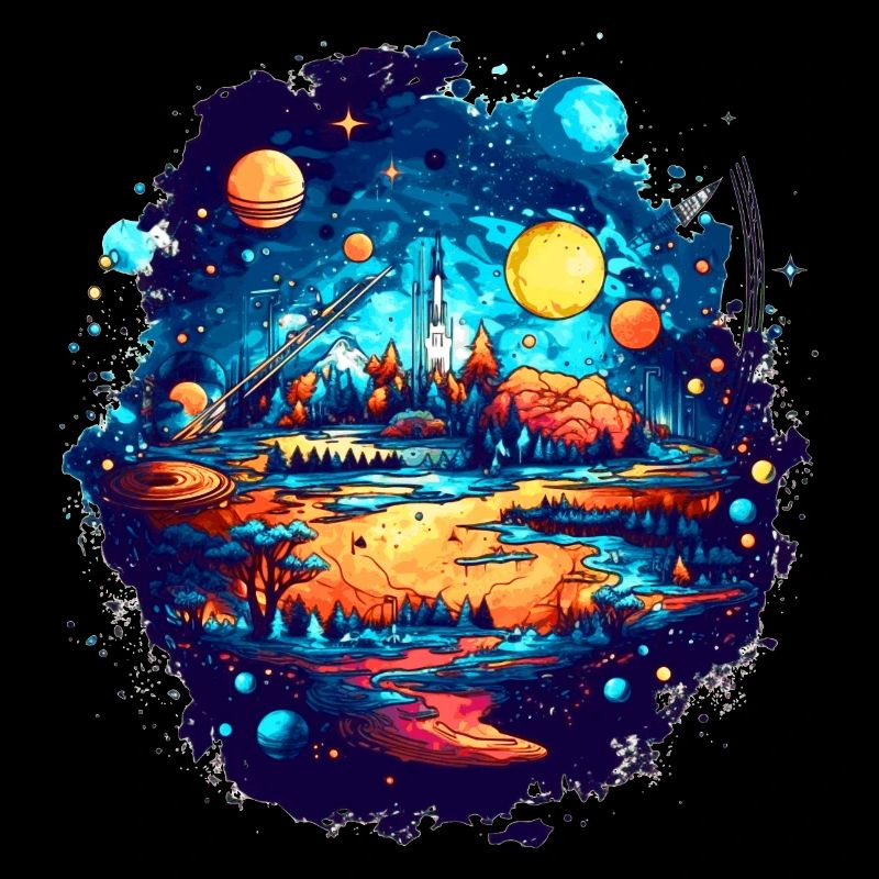 The view into an alien solar system with planets