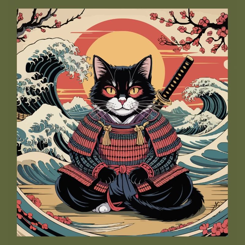 Samurai Cat with Sunset and Waves – Jap