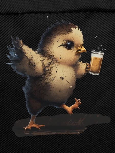 Cute bird drinks a beer