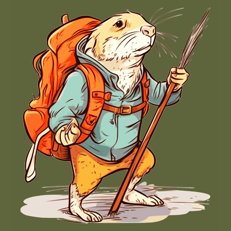 Mole rat as a hiker with stick and backpack
