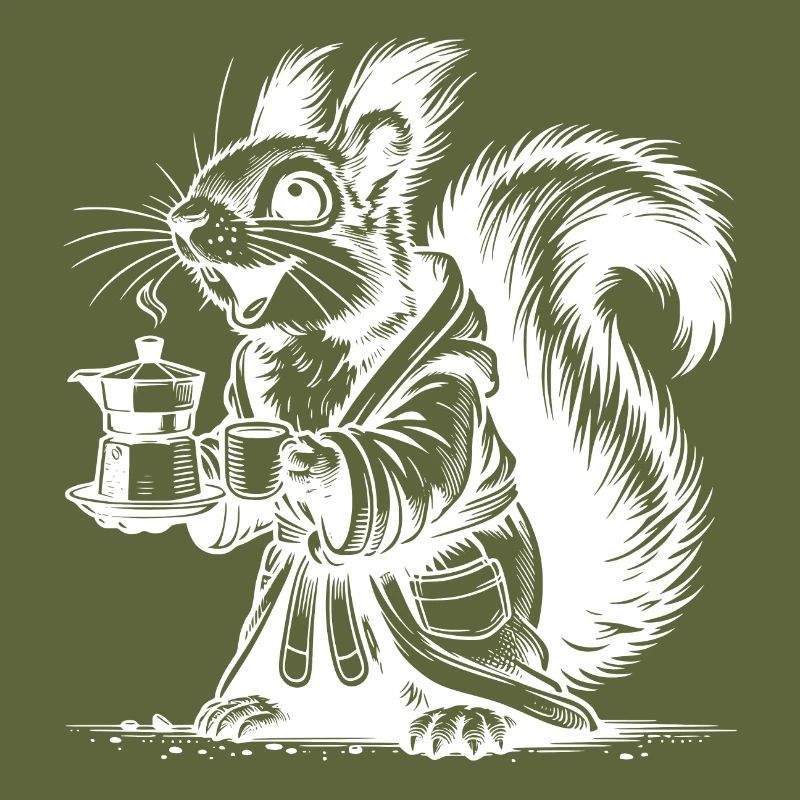 Squirrel with strong coffee in bathrobe