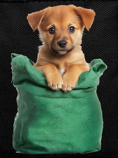Cute puppy in green bag