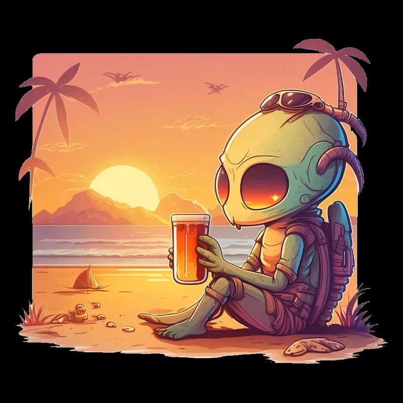 Alien drinking beer at sunset
