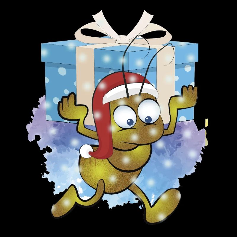 Ameise mit Weihnachtsmannmütze mit Geschenk
