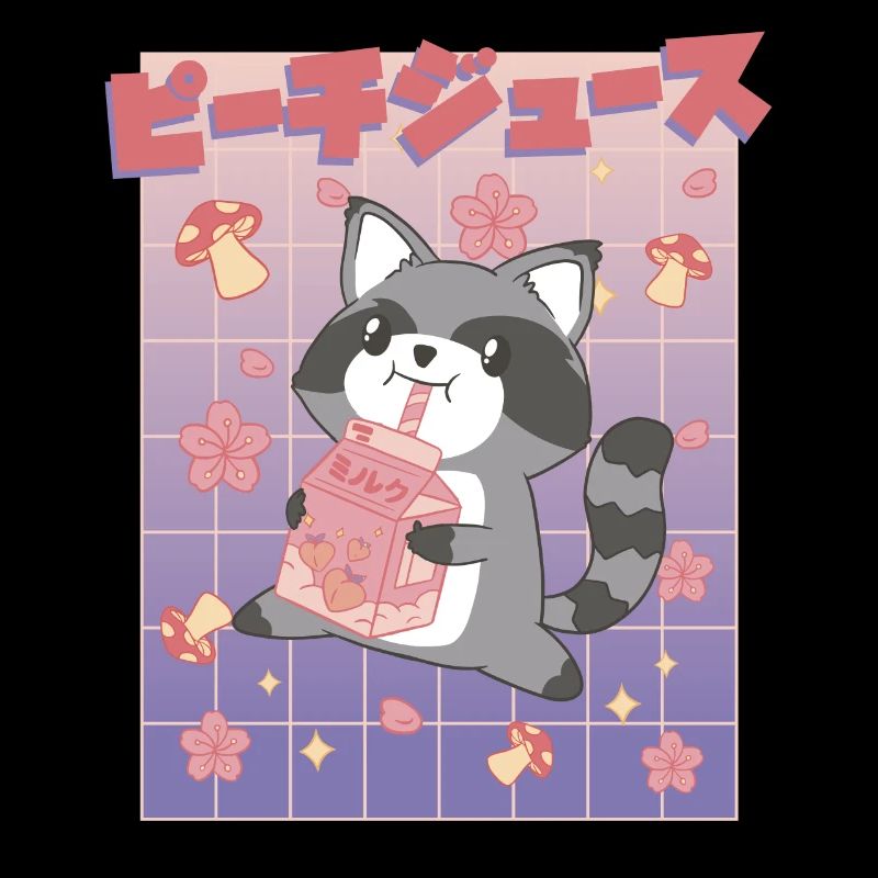Kawaii Raton laveur buvant du jus de pêche