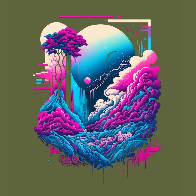 Vaporwave Abstract Landscape Moon Tree Waterfall