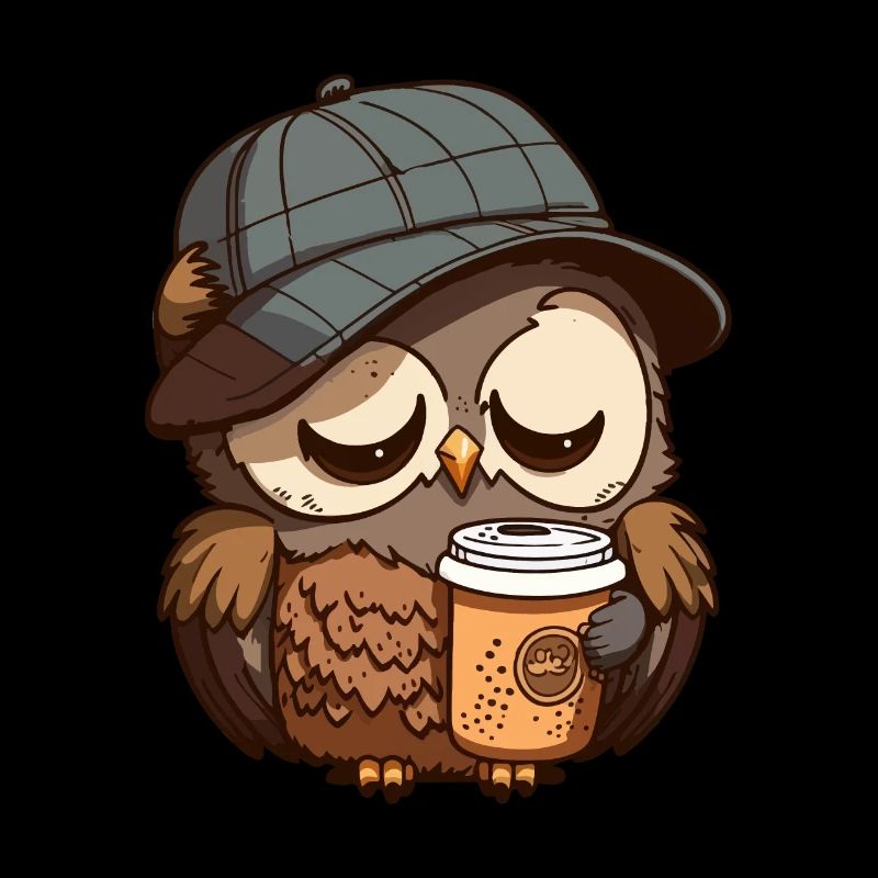 Müde Eule mit einem Kaffeebecher