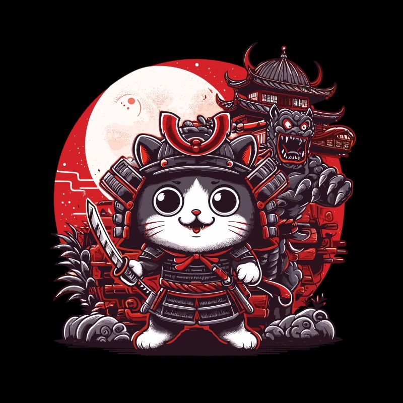 Genießen Sie das Bild der Samurai-Katze und des Monsters