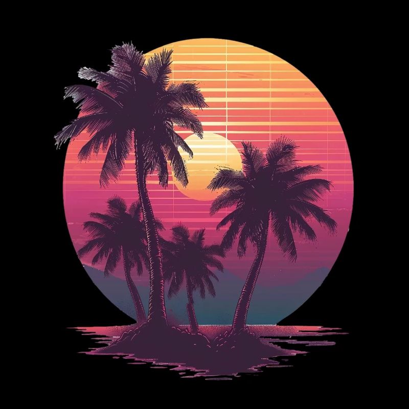 Ocean Palm Trees Vintage Retro Sunset