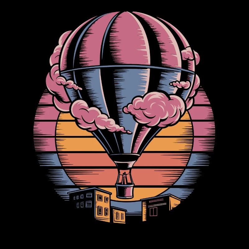 Hot Balloon Retro Sunset Over City
