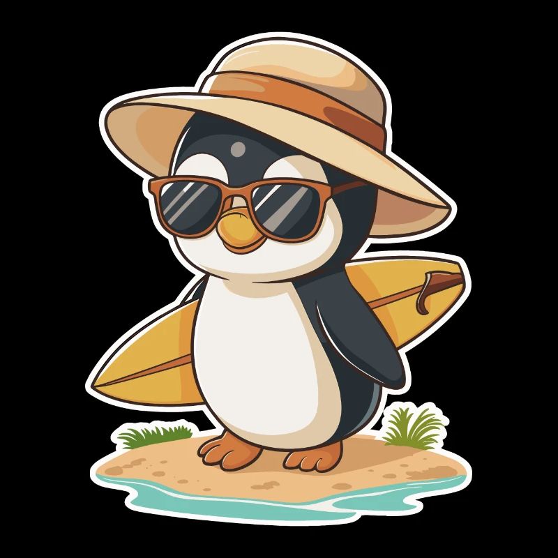 Sonniger Pinguin Surfer am Strand