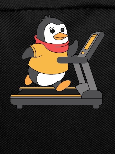 Funny penguin running on treadmill