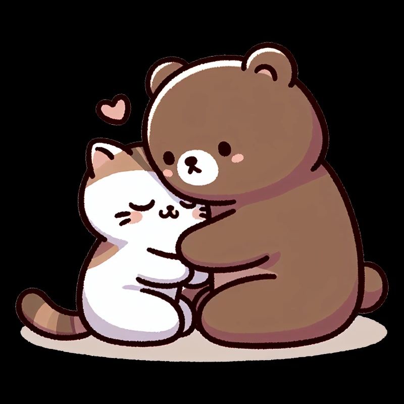 Cuddling Cat And Bear In Love
