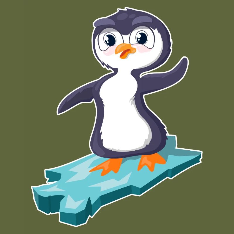 Pinguin surft auf einer Eisscholle