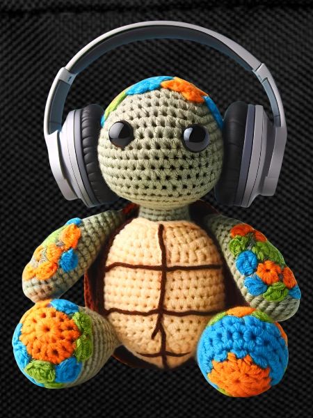 Crochet turtle with headphones