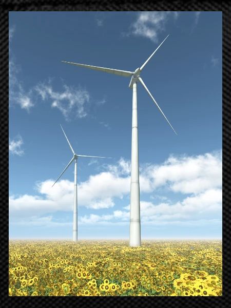 Wind turbines with sunflowers