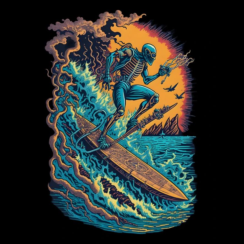 Skeleton Surfer Skull Surfing Comic Style Funny