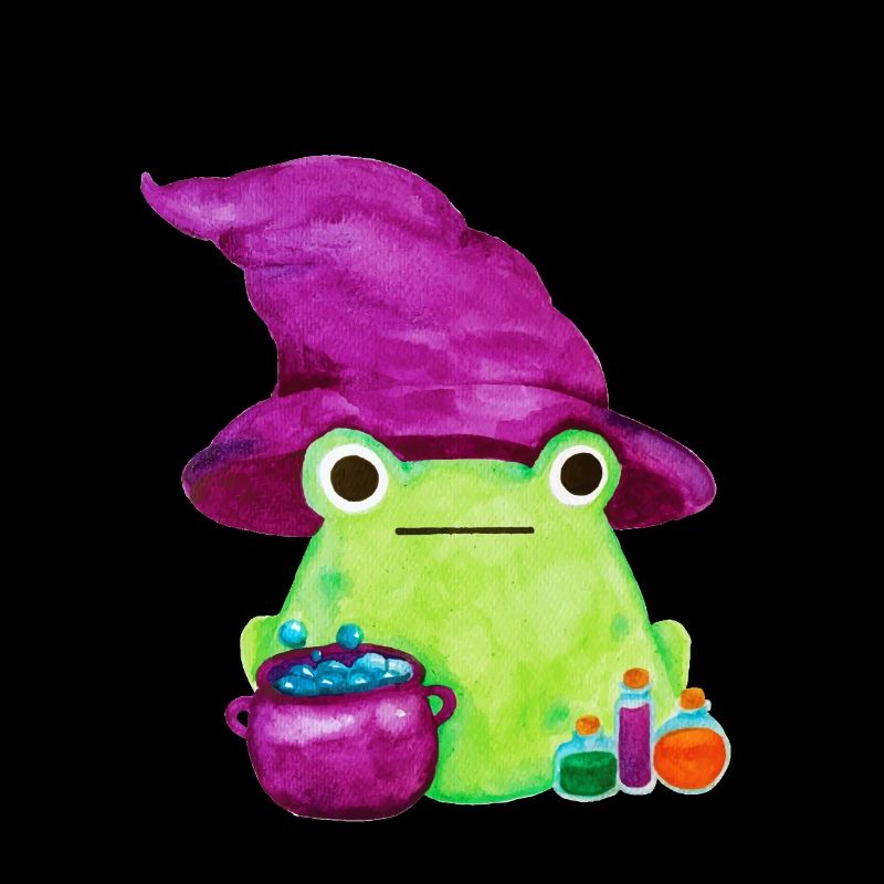 Grenouille sorcière avec chaudron et potions aquarelle