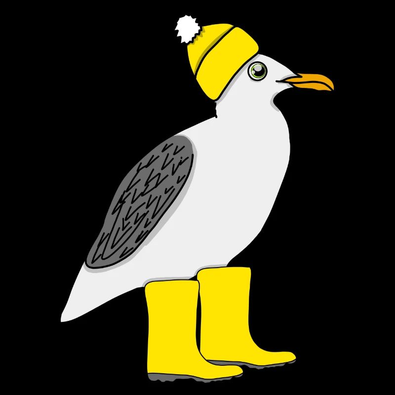 Seagull with rubber boots and hat