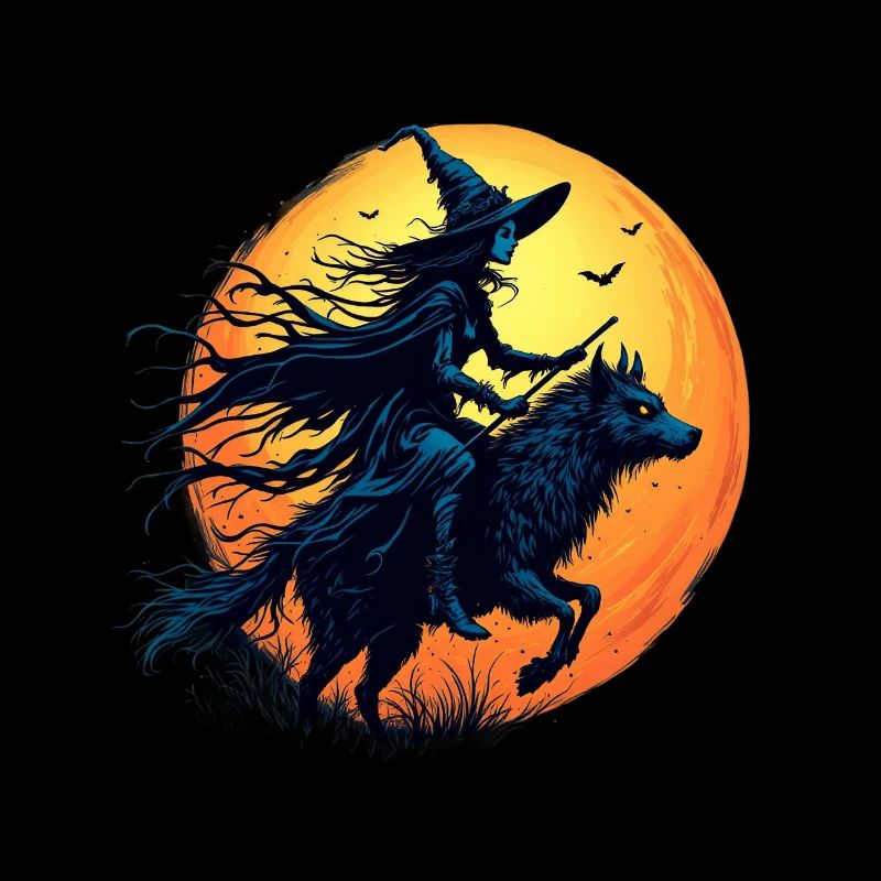 Halloween Witch Riding a Wolf Under Full Moon