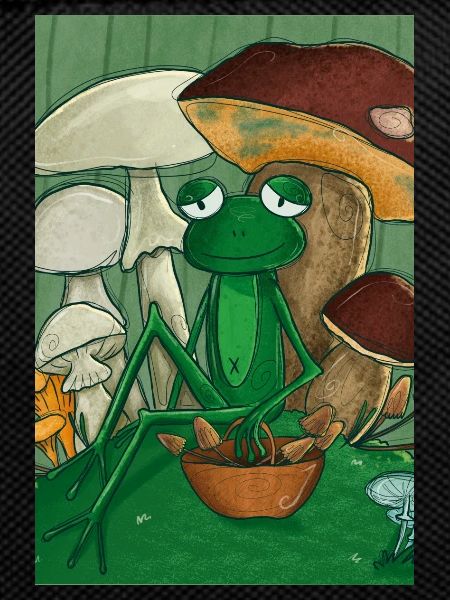 Frog picking mushrooms