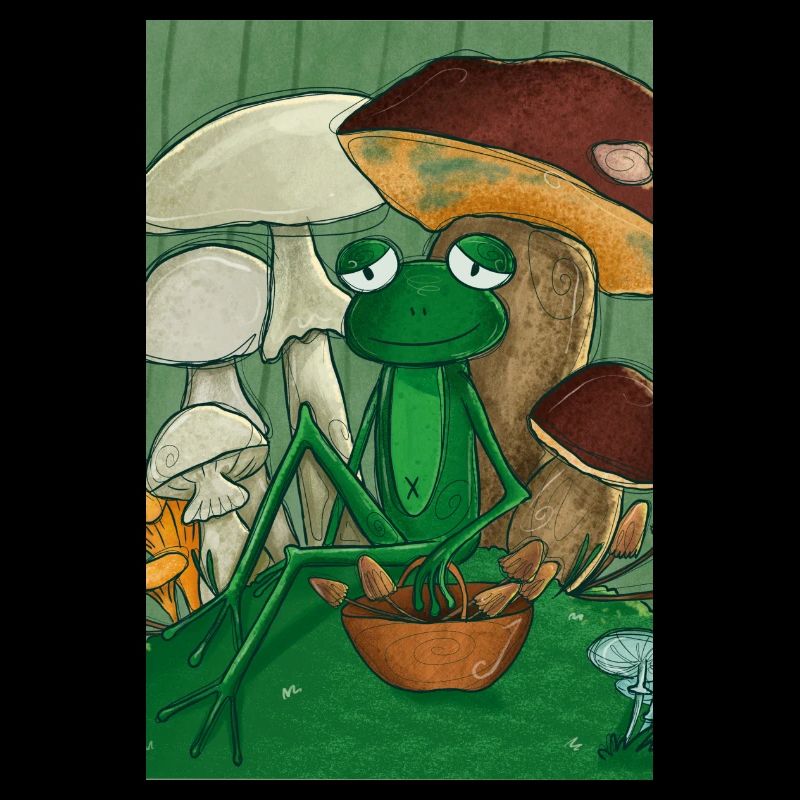Frog picking mushrooms