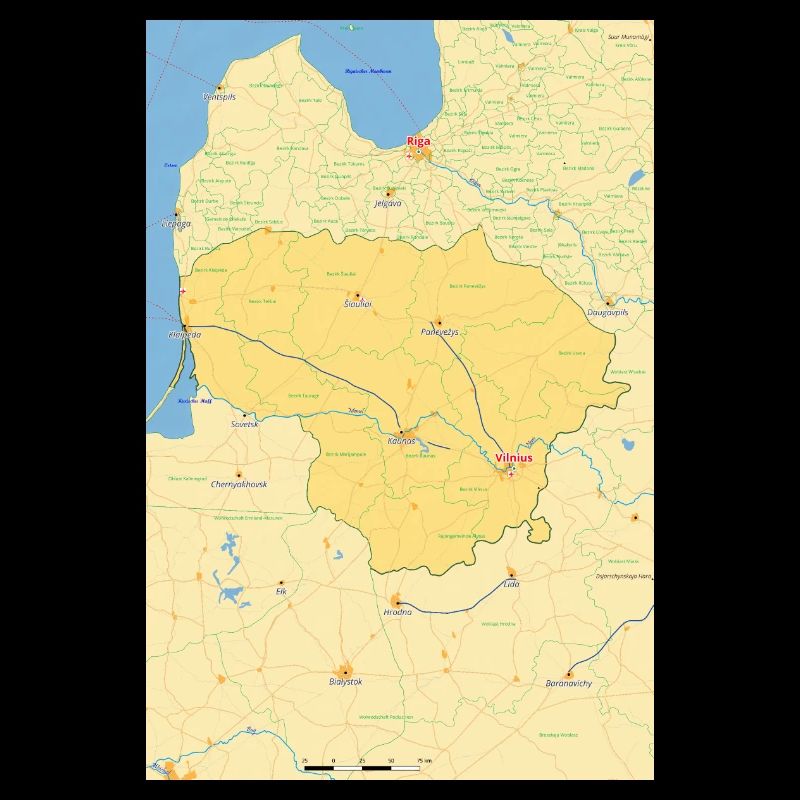 Lithuania map with cities, roads, rivers, lakes