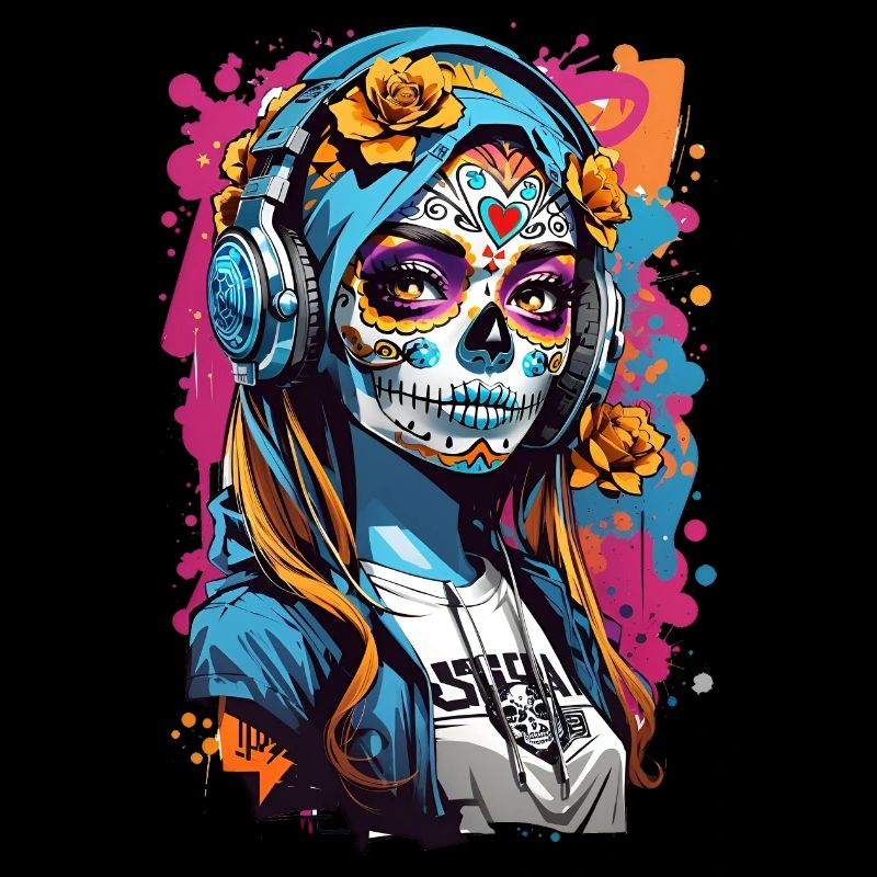 Totenkopfmädchen mit Kopfhörern