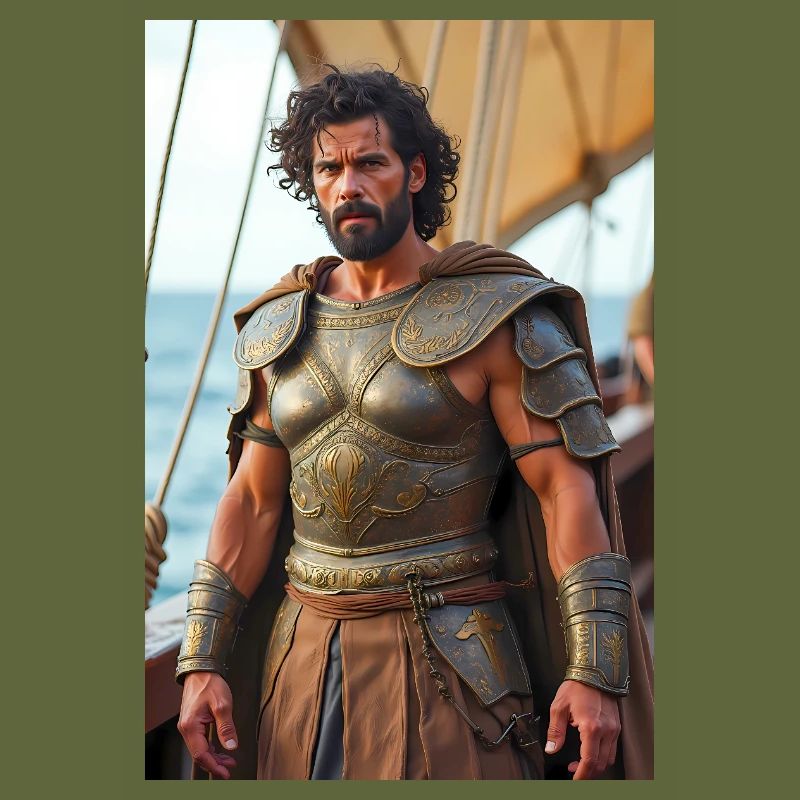 Odysseus, strong warrior at ship’s bow, cloak bill