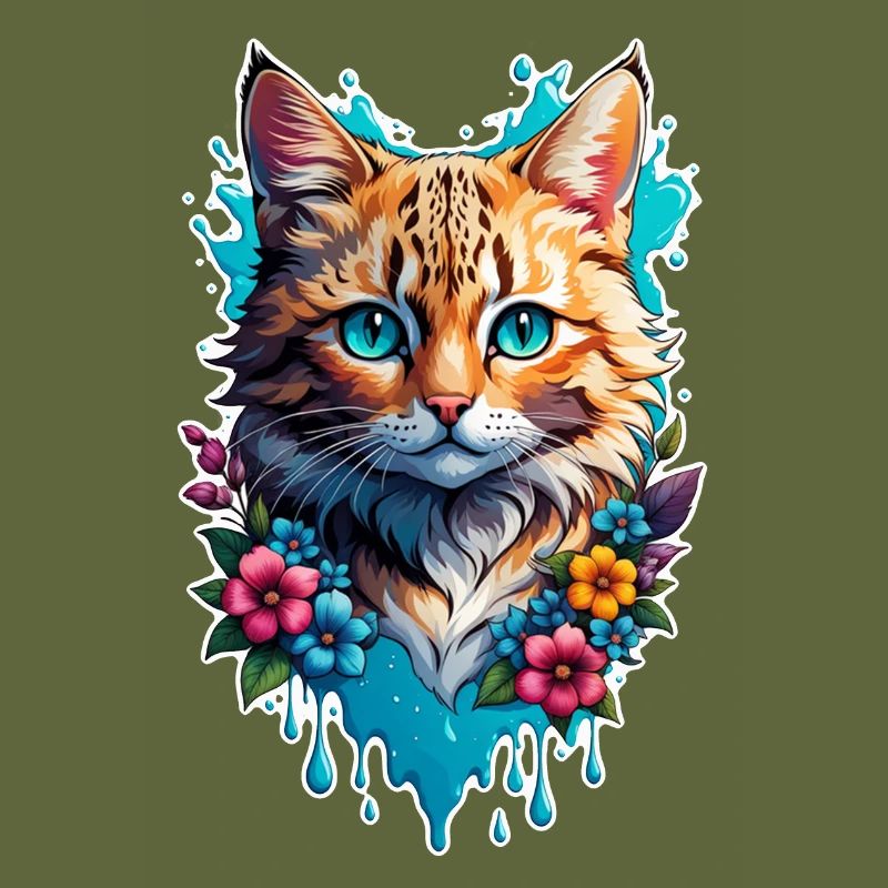 chat et fleur aquarelle