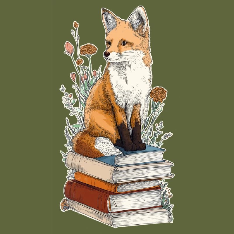 Fox on stack of books