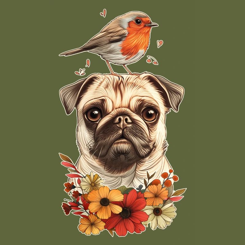 Mops mit Vogel