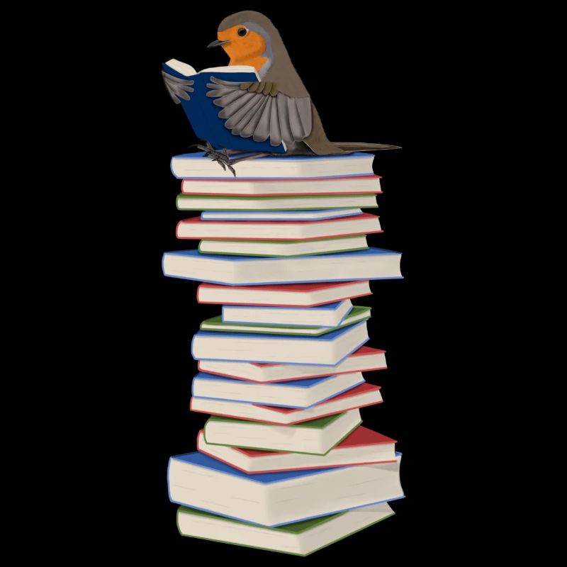 Rotkehlchen liest Bücher Vogelfreund Bücherwurm