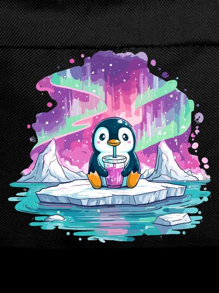 Pinguin auf Eis mit pinkem Drink