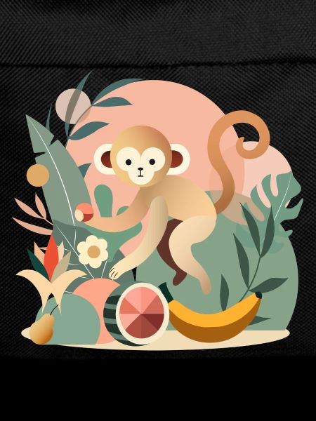 Playful monkey with tropical fruits