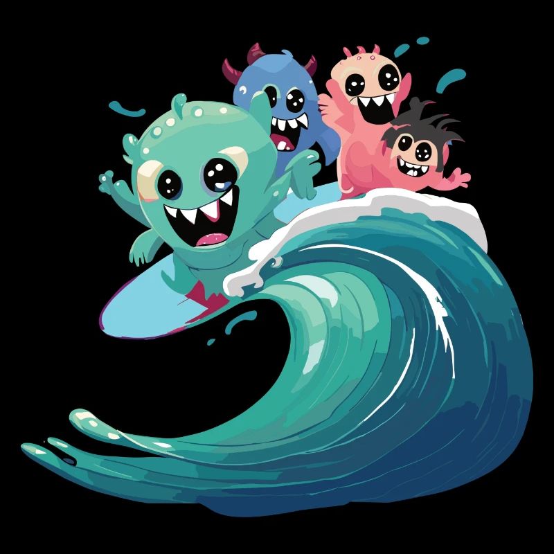 monsters surfing on wave - buntes Surfdesign